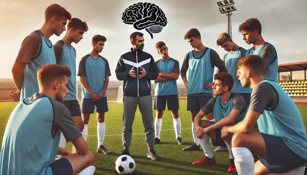 Mental coach motiva una squadra di calcio durante una sessione di preparazione mentale sul campo.